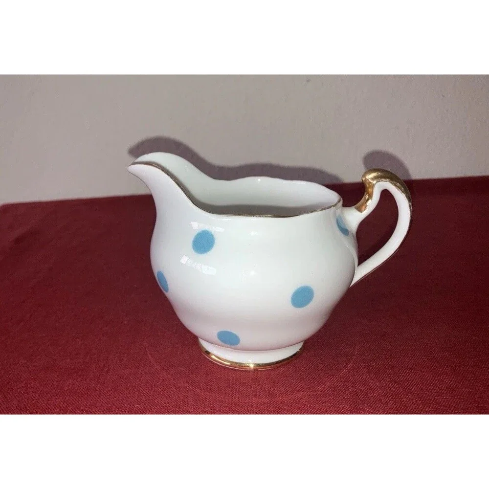 Vintage 1960s Royal Vale Bone China Blue & White Polka Dot Creamer Gold Trim